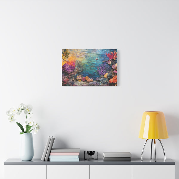 A Vibrant Coral Reef Half Alive Half Bleached (Edition II) — Stretched Canvas Wall Art — Living Room Wall Lifestyle View