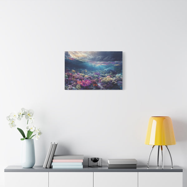 A Vibrant Coral Reef Half Alive Half Bleached (Edition IV) — Stretched Canvas Wall Art — Living Room Wall Lifestyle View