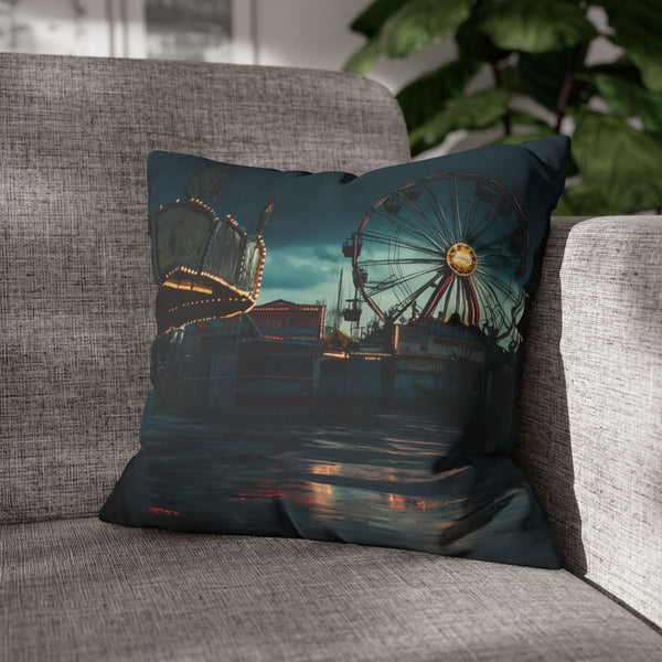 Abandoned Carnival at Night — 40×40 Cushion Cover — Sofa & Living Room Lifestyle View