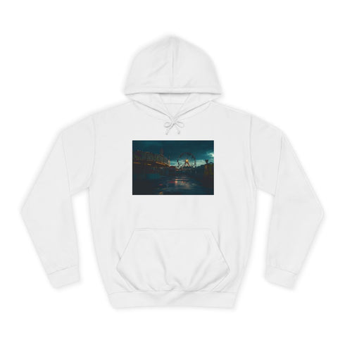 Abandoned Carnival at Night Graphic Unisex College Hoodie - Arctic White Front