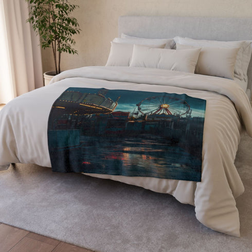 Abandoned Carnival at Night — 50×60 Plush Throw Blanket — Draped Over Sofa & Bed Lifestyle View