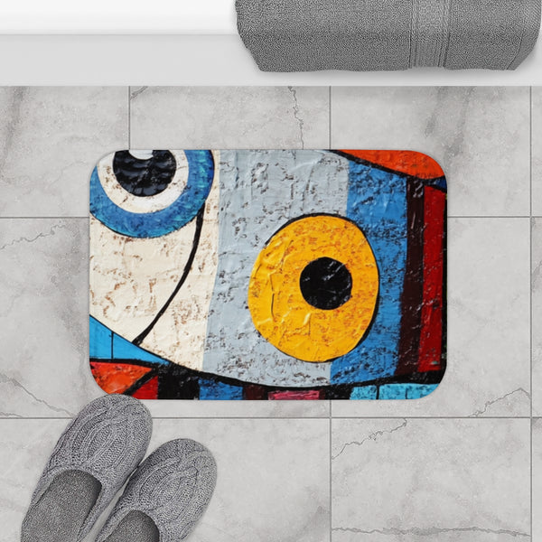 Abstract Composition of Fish in the Style of Picasso — 61×43 Memory Foam Bath Mat — Modern Bathroom Floor Lifestyle View