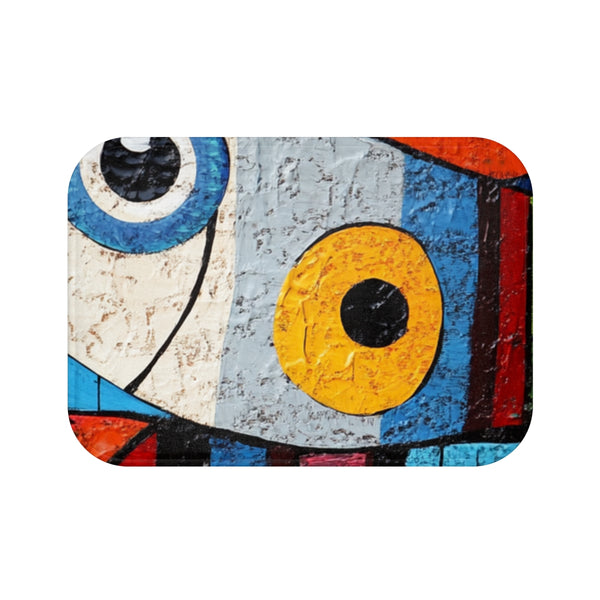 Abstract Composition of Fish in the Style of Picasso — 61×43 Memory Foam Bath Mat — Top-Down Velvet Microfibre Artwork View