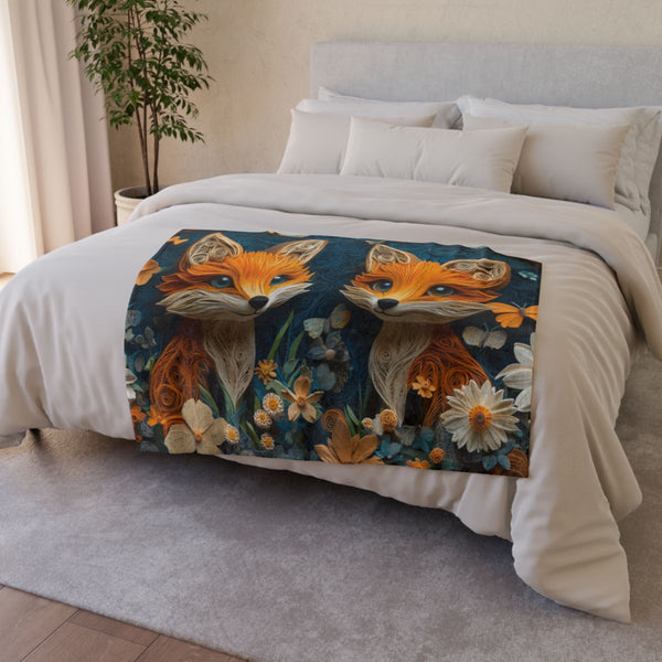 Adorable Baby Foxes Surrounded by a Magical Forest with — Plush Fleece Throw Blanket — Drape over Sofa & Bed Lifestyle View