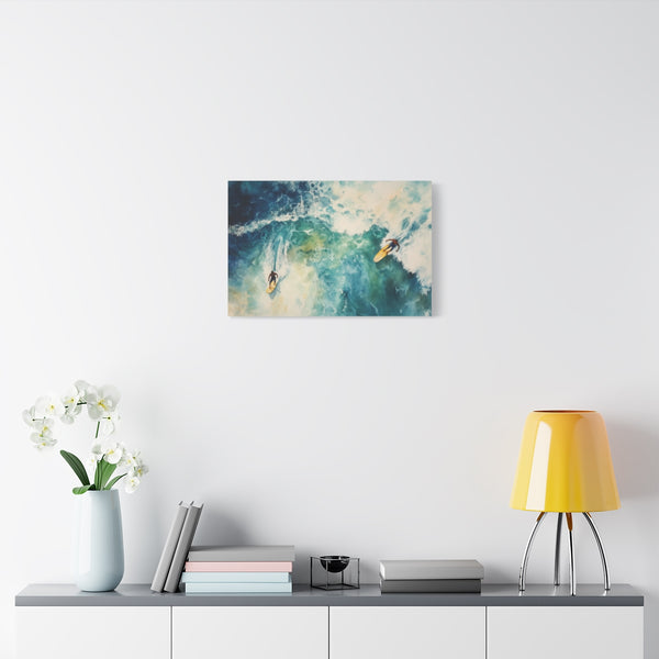 Aerial Surfers Watercolor — Stretched Canvas Wall Art — Living Room Wall Lifestyle View