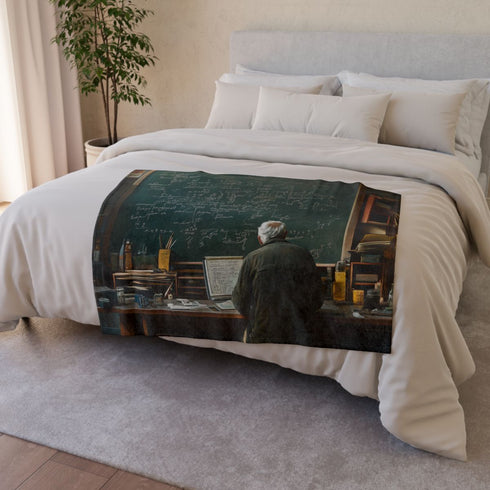 Albert Einstein at Physics Chalkboard — Plush Fleece Throw Blanket — Drape over Sofa & Bed Lifestyle View