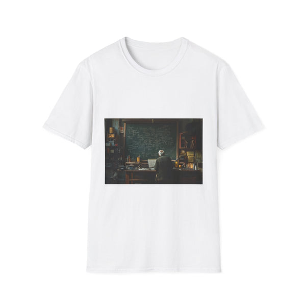 Albert Einstein at Physics Chalkboard — Graphic Cotton T-Shirt — Front Graphic Print View
