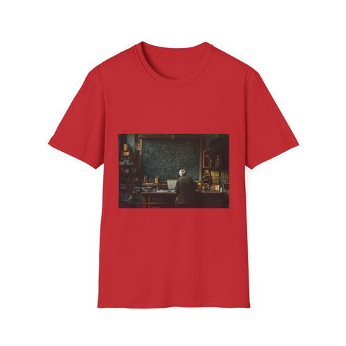 Albert Einstein at Physics Chalkboard — Graphic Cotton T-Shirt — 100% Ring-Spun Cotton Fabric & Print Detail