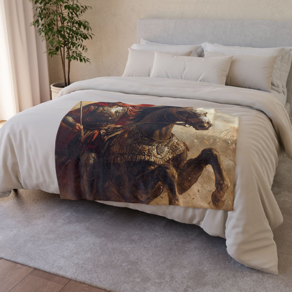 Alexander the Great in Battle Armor, Lea (Edition III) — Plush Fleece Throw Blanket — Drape over Sofa & Bed Lifestyle View