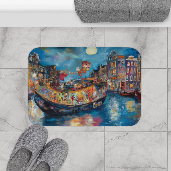 Amsterdam Canals & Historic Bridges Sunset (Edition II) — 61×43 Memory Foam Bath Mat — Modern Bathroom Floor Lifestyle View
