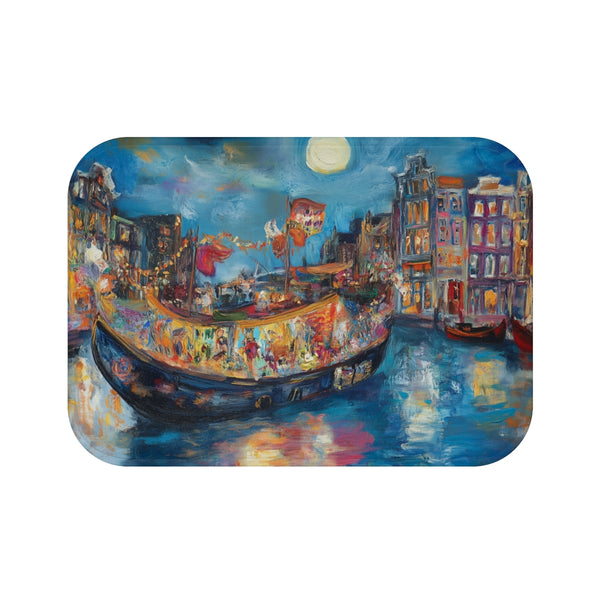 Amsterdam Canals & Historic Bridges Sunset — 61×43 Memory Foam Bath Mat — Top-Down Velvet Microfibre Artwork View