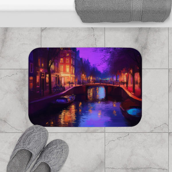Amsterdam Canals & Historic Bridges Sunset (Edition III) — 61×43 Memory Foam Bath Mat — Modern Bathroom Floor Lifestyle View