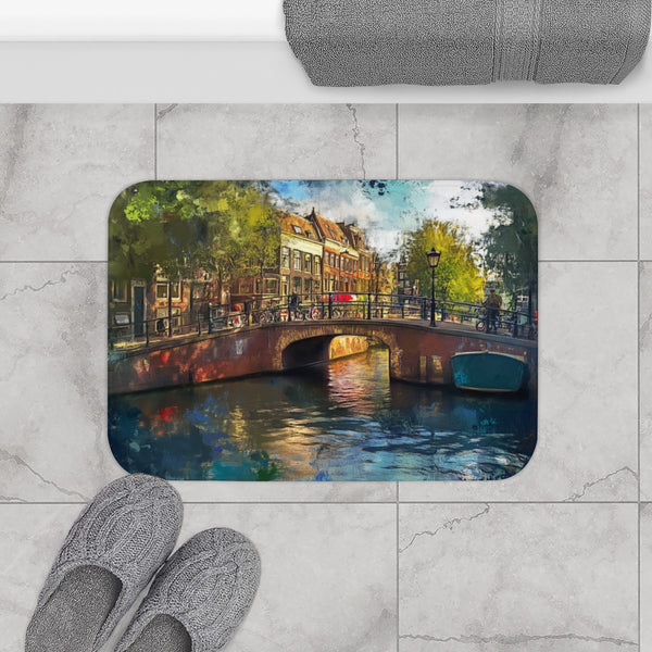 Amsterdam Canals & Historic Bridges Sunset (Edition IV) — 61×43 Memory Foam Bath Mat — Modern Bathroom Floor Lifestyle View