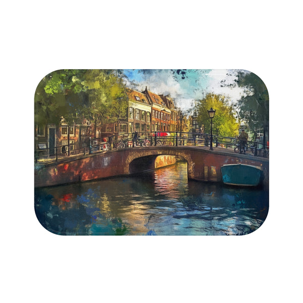Amsterdam Canals & Historic Bridges Sunset — 61×43 Memory Foam Bath Mat — Top-Down Velvet Microfibre Artwork View