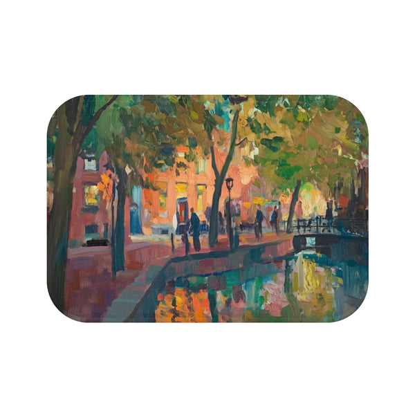 Amsterdam Canals & Historic Bridges Sunset — 61×43 Memory Foam Bath Mat — Top-Down Velvet Microfibre Artwork View