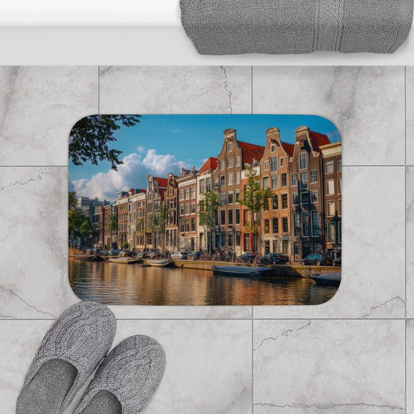 Amsterdam Canals & Historic Bridges Sunset (Edition V) — 61×43 Memory Foam Bath Mat — Modern Bathroom Floor Lifestyle View