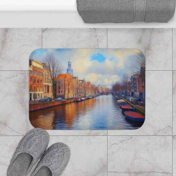 Amsterdam Canals & Historic Bridges Sunset (Edition VI) — 61×43 Memory Foam Bath Mat — Modern Bathroom Floor Lifestyle View
