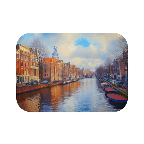 Amsterdam Canals & Historic Bridges Sunset — 61×43 Memory Foam Bath Mat — Top-Down Velvet Microfibre Artwork View