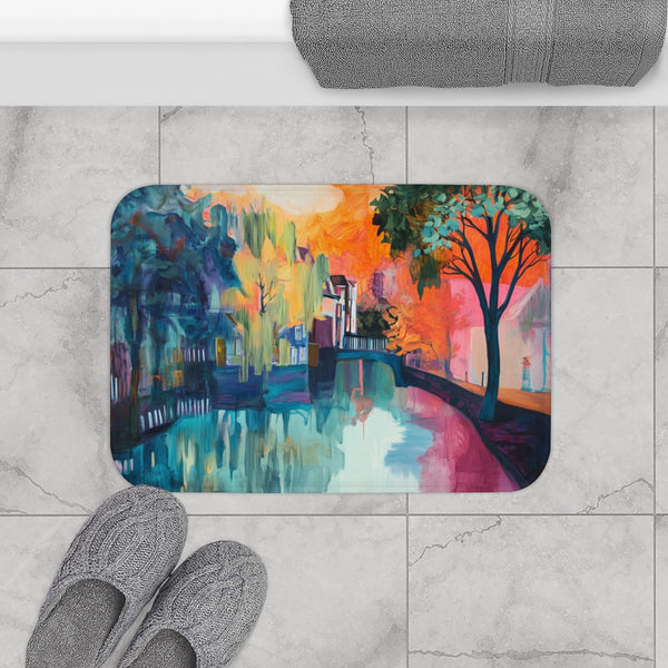 Amsterdam Canals & Historic Bridges Sunset (Edition VII) — 61×43 Memory Foam Bath Mat — Modern Bathroom Floor Lifestyle View