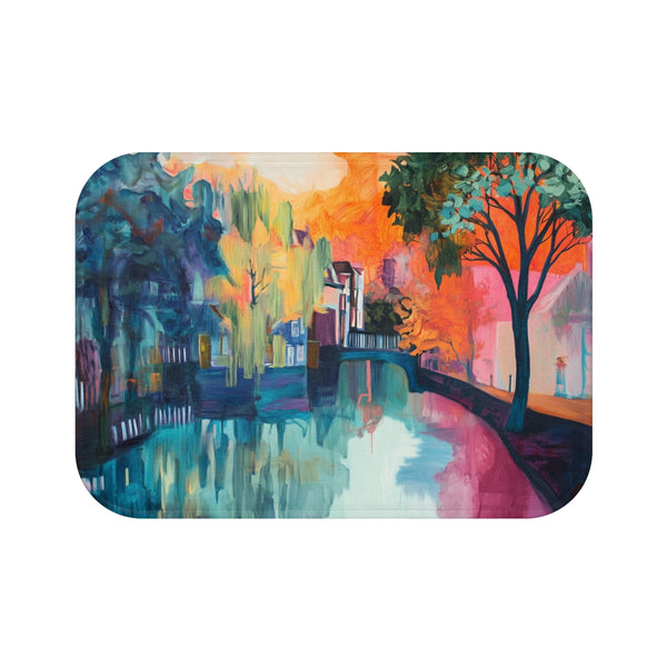 Amsterdam Canals & Historic Bridges Sunset — 61×43 Memory Foam Bath Mat — Top-Down Velvet Microfibre Artwork View