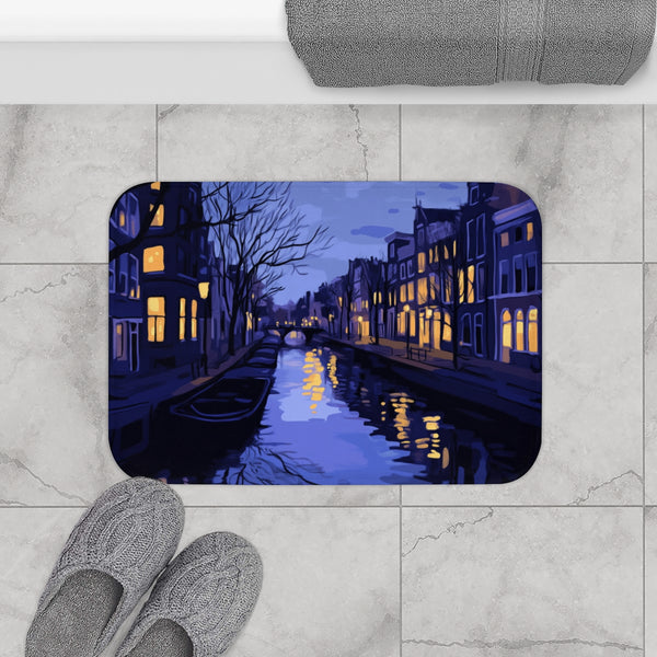 Amsterdam Canals & Historic Bridges Sunset (Edition X) — 61×43 Memory Foam Bath Mat — Modern Bathroom Floor Lifestyle View
