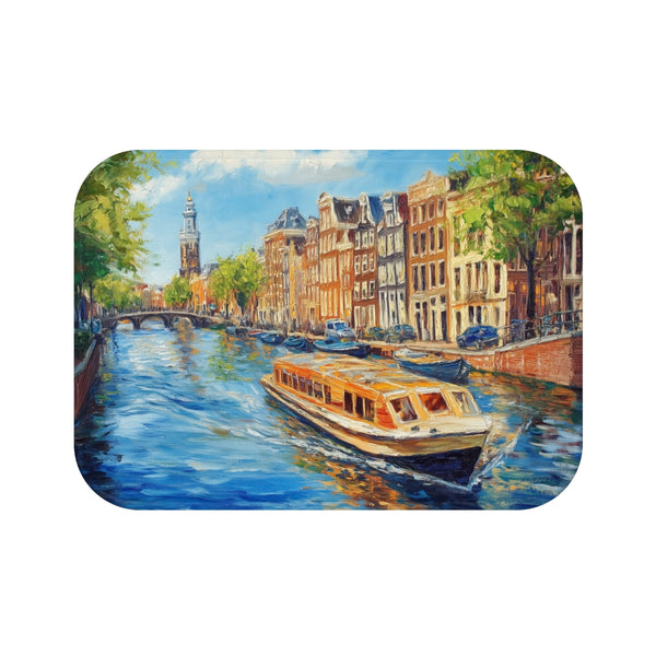 Amsterdam Canals & Historic Bridges Sunset — 61×43 Memory Foam Bath Mat — Top-Down Velvet Microfibre Artwork View