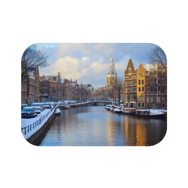 Amsterdam Canals & Historic Bridges Sunset — 61×43 Memory Foam Bath Mat — Top-Down Velvet Microfibre Artwork View