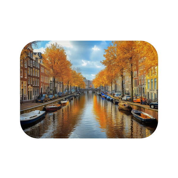 Amsterdam Canals & Historic Bridges Sunset — 61×43 Memory Foam Bath Mat — Top-Down Velvet Microfibre Artwork View