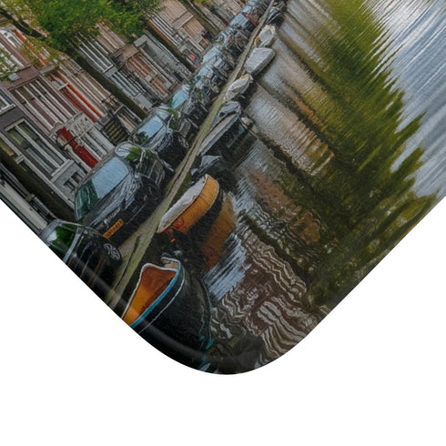 Amsterdam Canals & Historic Bridges Sunset — 61×43 Memory Foam Bath Mat — Cushioned Memory Foam & Microfibre Close-Up