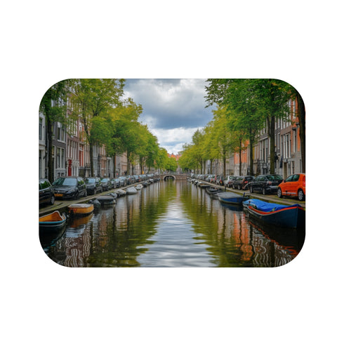 Amsterdam Canals & Historic Bridges Sunset — 61×43 Memory Foam Bath Mat — Top-Down Velvet Microfibre Artwork View