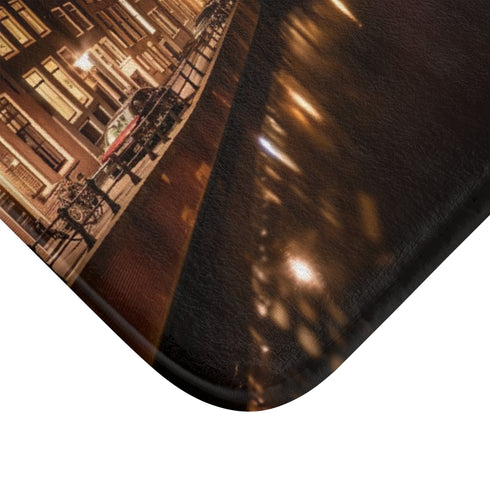 Amsterdam Canals Night — Non-Slip Bath Mat — Cushioned Memory Foam & Non-Slip Backing Detail
