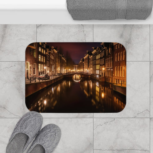 Amsterdam Canals Night — Non-Slip Bath Mat — Bathroom Floor Lifestyle View
