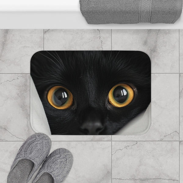 An Adorable Black Cat Peeks Out from Underth — 61×43 Memory Foam Bath Mat — Modern Bathroom Floor Lifestyle View