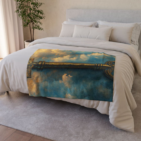 Ancient Key Unlocking the Sky — 50×60 Plush Throw Blanket — 300 GSM Plush Coral Fleece Texture Close-Up