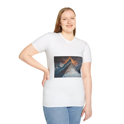 Ancient Mountain Split by Lightning — Graphic Cotton T-Shirt — Model Streetwear Fit View