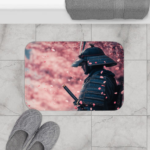 Samurai Warrior Under Falling Cherry Blossoms — 61×43 Memory Foam Bath Mat — Modern Bathroom Floor Lifestyle View