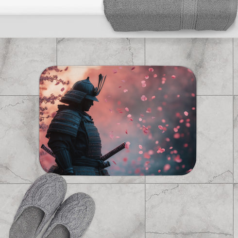 Samurai Warrior Under Falling Cherry Blossoms — 61×43 Memory Foam Bath Mat — Modern Bathroom Floor Lifestyle View