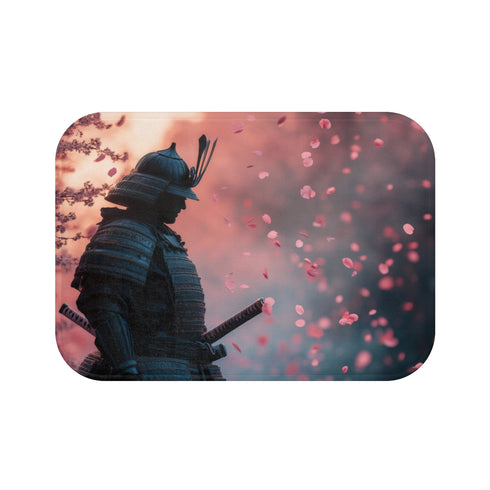Samurai Warrior Under Falling Cherry Blossoms — 61×43 Memory Foam Bath Mat — Top-Down Velvet Microfibre Artwork View