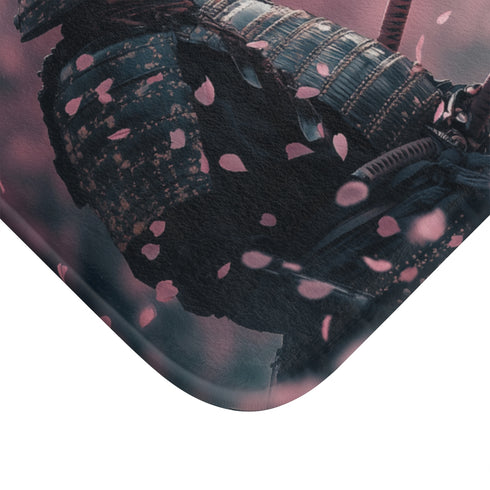 Samurai Warrior Under Falling Cherry Blossoms — 61×43 Memory Foam Bath Mat — Cushioned Memory Foam & Microfibre Close-Up