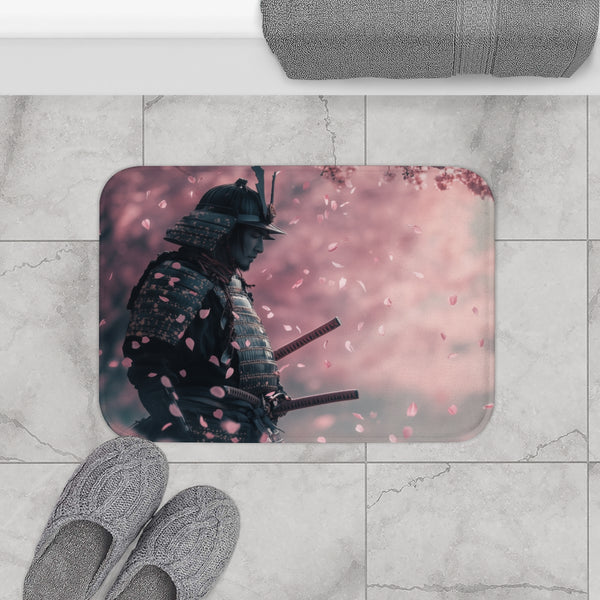 Samurai Warrior Under Falling Cherry Blossoms — 61×43 Memory Foam Bath Mat — Modern Bathroom Floor Lifestyle View