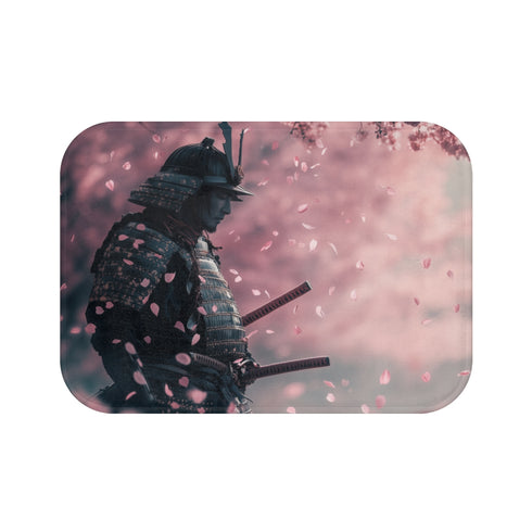 Samurai Warrior Under Falling Cherry Blossoms — 61×43 Memory Foam Bath Mat — Top-Down Velvet Microfibre Artwork View