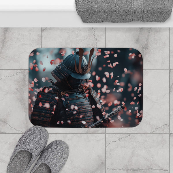 Samurai Warrior Under Falling Cherry Blossoms — 61×43 Memory Foam Bath Mat — Modern Bathroom Floor Lifestyle View
