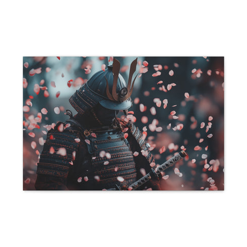 Ancient Samurai Standing in Falling Sakura — 24×16 Canvas Wall Art — Front Gallery-Wrapped Canvas View