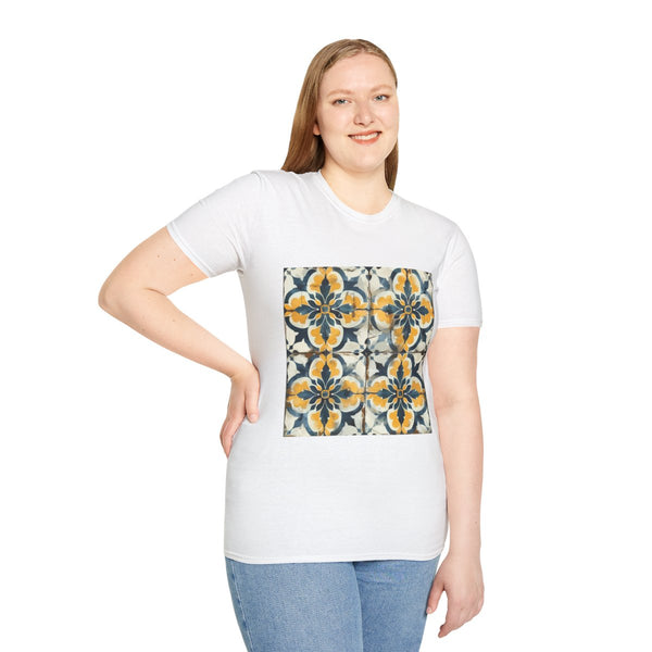 Artisan Tiles Seamless Pattern — Graphic Cotton T-Shirt — Model Streetwear Fit View