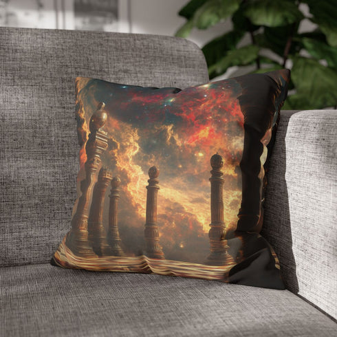 Astral Chessboard Hovering in Temple — Double-Sided Cushion Cover — Sofa & Armchair Living Room Lifestyle View