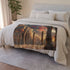 Astral Chessboard Hovering in Temple — Plush Fleece Throw Blanket — Drape over Sofa & Bed Lifestyle View