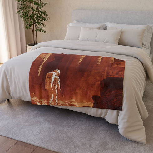 Astronaut Exploring Ancient Ruins on Mars — 50×60 Plush Throw Blanket — Draped Over Sofa & Bed Lifestyle View