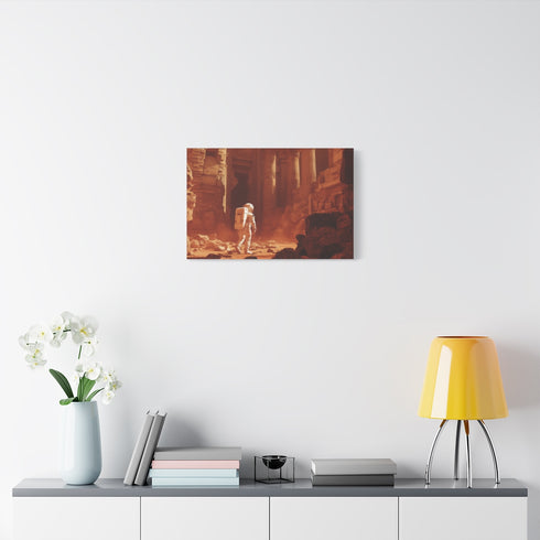 Astronaut Exploring Ancient Ruins on Mars — Stretched Canvas Wall Art — Living Room Wall Lifestyle View