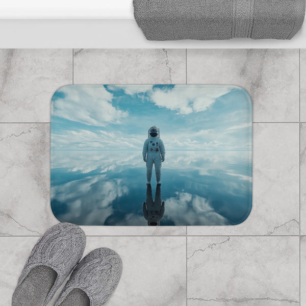 Astronaut Standing on a Mirror Ocean (Edition II) — Memory Foam Bath Mat — Modern Bathroom Floor Lifestyle View