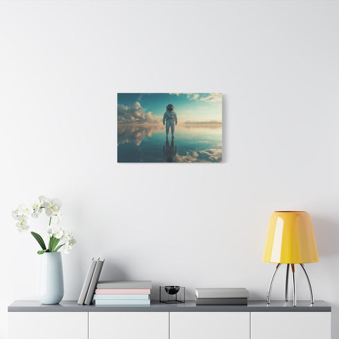 Astronaut Standing on Mirror Ocean — Stretched Canvas Wall Art — Living Room Wall Lifestyle View